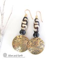 Big Brass Earrings with African Batik Bone - Boho Tribal Jewelry