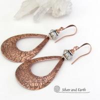 Big Bold Copper Teardrop Hoop Earrings with Silver Beads