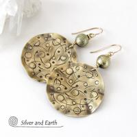 Gold Brass Earrings with Planetary Celestial Orbit Hand Stamped Texture