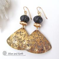 Gold Brass Tribal Earrings with African Carved Bone & Wood Beads