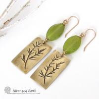 Gold Brass Earrings with Twig Design & Green Serpentine Stones - Nature Jewelry