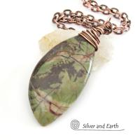 Green Rhyolite Jasper Pendant on Copper Chain - Wire Wrapped Stone Jewelry
