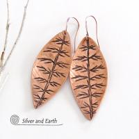 Copper Leaf Earrings with Hand Stamped Texture - Modern Nature Jewelry