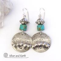 Round Sterling Silver Dangle Earrings with Turquoise - Unique Artisan Jewelry