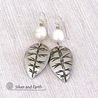 Sterling Silver Leaf Earrings with White Pearls - Modern Nature Jewelry