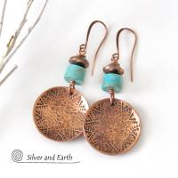 Round Copper Dangle Earrings with Turquoise Stones - Boho Southwestern Jewelry