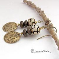 Hand Stamped Gold Brass Dangle Earrings with African Carved Bone Beads and Brown Bronzite Stones
