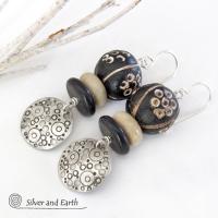 Sterling Silver Circle Earrings with Hand Stamped Texture & African Clay Beads - Unique Funky Artsy Ethnic Jewelry