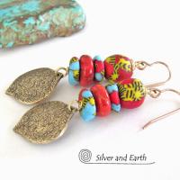 Gold Brass Dangle Earrings with Colorful African Glass Beads - Bold Unique Ethnic Boho Tribal Style Jewelry