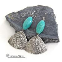 Blue Green Amazonite Gemstone Earrings with Hand Stamped Sterling Silver Dangles