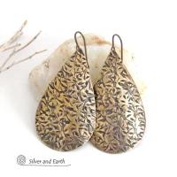 Big Bold Gold Brass Long Teardrop Earrings with Hand Stamped Texture - Artisan Handcrafted Modern Metal Jewelry