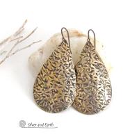 Big Bold Gold Brass Long Teardrop Earrings with Hand Stamped Texture - Artisan Handcrafted Modern Metal Jewelry