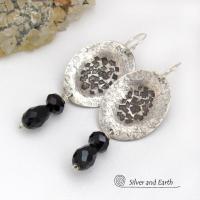 Modern Sterling Silver Earrings with Dangling Black Faceted Crystals - Elegant Dressy Handcrafted Sterling Jewelry
