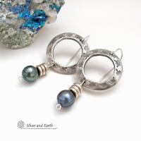 Silver Pewter Circle Hoop Earrings with Blue Pearl Dangles - Modern Elegant Chic Freshwater Pearl Jewelry