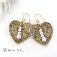 Gold Brass Heart Earrings with White Pearl Dangles - 21st Anniversary Gifts for Women