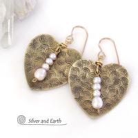 Gold Brass Heart Earrings with White Pearl Dangles - Anniversary Gifts for Women