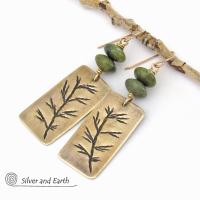 Gold Brass Earrings with Hand Stamped Twig Design & Green Serpentine Stones - Earthy Nature Inspired Jewelry