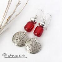 Round Sterling Silver Dangle Earrings with Orange Carnelian Gemstones - Modern Boho Chic Jewelry