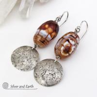 Faceted Black & White Agate Gemstone Earrings with Round Textured Sterling Silver Dangles