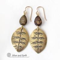 Gold Brass Leaf Earrings with Brown Bronzite Gemstones - Modern Earthy Nature Jewelry Gifts for Women