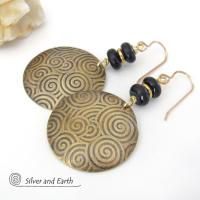 Gold Brass Spiral of Life Earrings with Black Onyx Stones - Bold Modern Artisan Handmade Jewelry