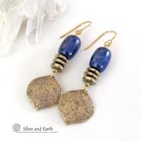 Blue Lapis Gemstone Earrings with Gold Brass Dangles - Handcrafted Modern Chic Elegant Lapis Lazuli Jewelry
