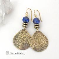 Blue Lapis Gemstone Gold Brass Earrings - Artisan Handcrafted Elegant Modern Chic Jewelry - 9th or 21st Anniversary Gift for Wife