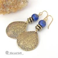 Blue Lapis Gemstone Gold Brass Earrings - Artisan Handcrafted Elegant Modern Chic Jewelry - 9th or 21st Anniversary Gift for Wife