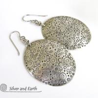 Big Oval Sterling Silver Earrings with Unique Texture - Handcrafted Modern Silver Jewelry