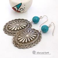 Large Sterling Silver Concho Earrings with Turquoise - Santa Fe Style Southwestern Jewelry