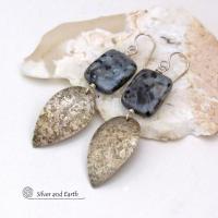 Larvikite Gemstone Earrings with Sterling Silver Dangles - Norwegian Moonstone Jewelry
