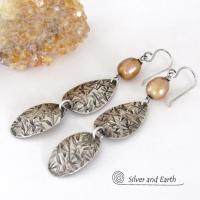Long Dangly Sterling Silver Earrings with Gold Freshwater Pearls - Dressy Modern Contemporary Jewelry