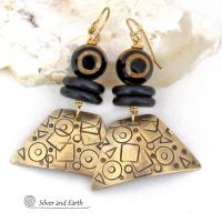 Hand Stamped Gold Brass Earrings with Tibetan Eye Agate Stones - Artisan Handcrafted Abstract Funky Mod Jewelry