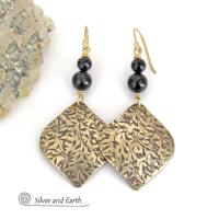 Textured Gold Brass Earrings with Black Onyx Gemstones - Bohemian Modern Chic Style Jewelry