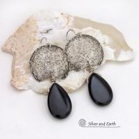 Sterling Silver Earrings with Black Onyx Gemstones- Contemporary Modern Artisan Handmade Jewelry