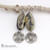 Rustic Hammered Sterling Silver Dangle Earrings with Paintbrush Jasper Stones - One of Kind Natural Stone Jewelry