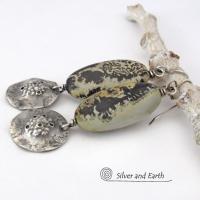 Rustic Hammered Sterling Silver Dangle Earrings with Paintbrush Jasper Stones - One of Kind Natural Stone Jewelry