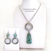 African Turquoise Silver Pewter Hoop Earrings - Modern Earthy Natural Gemstone Jewelry