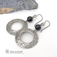 Silver Pewter Circle Hoop Earrings with Black Onyx Gemstones - Artisan Handcrafted Modern Chic Jewelry