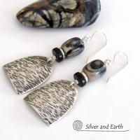 Textured Sterling Silver Earrings with Picasso Marble Gemstones - Artisan Handcrafted Sterling Silver & Natural Stone Jewelry