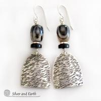 Textured Sterling Silver Earrings with Picasso Marble Gemstones - Artisan Handcrafted Sterling Silver & Natural Stone Jewelry