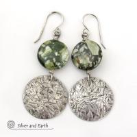 Hand Stamped Sterling Silver Earrings with Earthy Natural Green Rainforest Jasper Stones