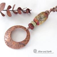 Red Creek Jasper Stone and Copper Circle Pendant Necklace - Modern Earthy Chic One of a Kind Natural Stone Jewelry