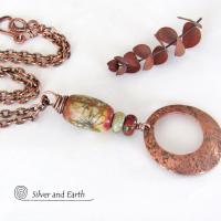 Red Creek Jasper Stone and Copper Circle Pendant Necklace - Modern Earthy Chic One of a Kind Natural Stone Jewelry