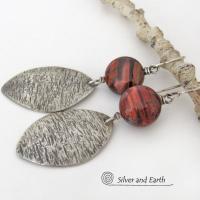 Textured Sterling Silver Earrings with Red Tiger's Eye Stones - Earthy Natural Gemstone Jewelry