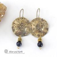 Hammered Gold Brass Earrings with Blue Goldstone Dangles - Earthy Modern Chic Artisan Handmade Jewelry