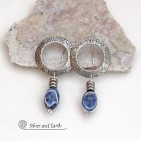 Silver Pewter Circle Hoop Earrings with Blue Sodalite Dangles - Artisan Handcrafted Modern Natural Gemstone Jewelry