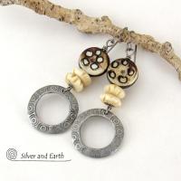 Hand Stamped Pewter Circle Hoop Earrings with African Bone Beads - Ethnic African Boho Tribal Jewelry