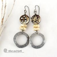 Hand Stamped Pewter Circle Hoop Earrings with African Bone Beads - Ethnic African Boho Tribal Jewelry