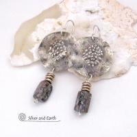 Sterling Silver Earrings with Dangling Crinoid Fossil Stones - Bold Modern Earthy Organic Natural Fossil Jewelry 